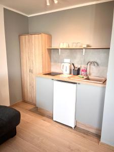 una pequeña cocina con fregadero y encimera en 3 Budget Stay Apartments, en Zgorzelec