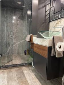 a bathroom with a glass shower and a sink at Lakeshore aptMuskoka in the city in Mississauga