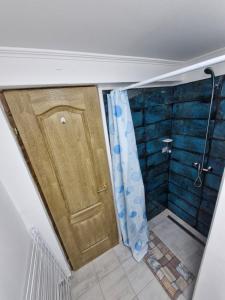 a bathroom with a shower and a wooden door at Zsindely Ház Károlyfalva Sátoraljaújhely in Sátoraljaújhely