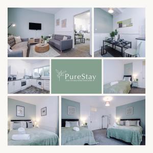 a collage of photos of a living room and a bedroom at Stylish House in Manchester Sleeps7 Wifi & Parking by PureStay in Manchester