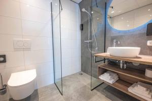 a bathroom with a shower and a toilet and a sink at De Klomp Charme Hotel & Restaurant in Vilsteren