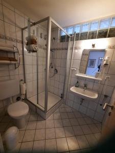 een badkamer met een douche, een toilet en een wastafel bij Obst- Und Ferienhof Marschall in Wasserburg