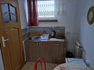 een kleine keuken met een wastafel en een raam bij Motel Korona in Zamość