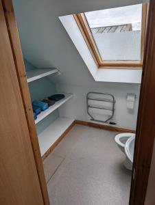 a bathroom with a toilet and a skylight at Tangles & Kelpie in Burray Village