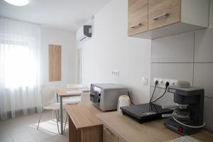 a kitchen with a coffee maker on a counter at Farkas Villa Apartmanok in Mórahalom