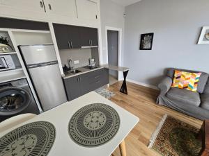 een keuken en een woonkamer met een koelkast en een bank bij Apartamento Drago in Santa Cruz de Tenerife