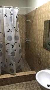 a bathroom with a shower and a sink at Villa at Grace in Cape Coast