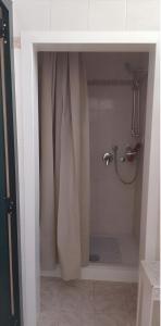een badkamer met een douche en een douchegordijn bij Casa Emma in Cremolino