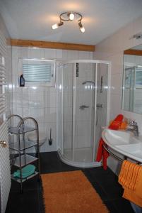 La salle de bains est pourvue d'une douche et d'un lavabo. dans l'établissement Ferienwohnung Gaschurn Ganahl, à Gaschurn