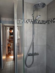 La salle de bains est pourvue d'une douche avec une porte en verre. dans l'établissement Nature, espace et confort, 