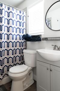 a bathroom with a toilet and a sink and a shower curtain at Schoaf Cottage at Wrenwood Ranch in Johnson City