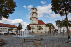 un grand bâtiment avec une tour d'horloge et une fontaine dans l'établissement Pension Markt Neustrelitz, à Neustrelitz