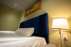 1 dormitorio con 1 cama con cortina azul y lámpara en Furnished 1 Bedroom Apartment in Accra, en Accra