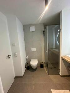 a bathroom with a toilet and a shower and a sink at Gemütliches Businessapartment in Baden-Baden