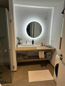 een badkamer met een wastafel en een spiegel bij Gemütliches Businessapartment in Baden-Baden