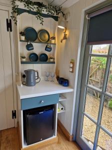 a small kitchen with a blue and white stove at Dolly at Lowlands in Ringwood