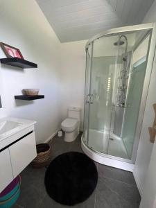uma casa de banho com um chuveiro, um WC e um lavatório. em Casa Corsa à Moorea em Moorea
