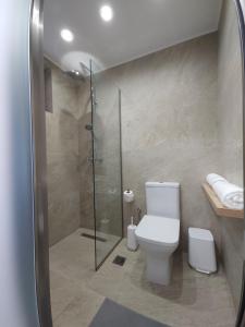a bathroom with a toilet and a glass shower at Boomerang Sea View Accommodation and Studios in Plános