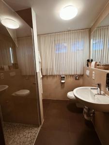 uma casa de banho com um lavatório, um WC e um chuveiro em Gasthaus Lindenhof em Much