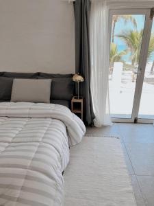 - une chambre avec un lit et une grande fenêtre dans l'établissement Playa privada con casa entera y palapa, à Ciudad del Carmen