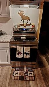 a kitchen with an oven with a moose on the stove at Direct trail access/central location/Ample parking in Colebrook