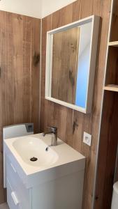 La salle de bains est pourvue d'un lavabo blanc et d'un miroir. dans l'établissement Bord de mer, maison paisible et rénovée à Penvins, à Sarzeau
