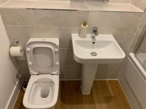 Baño pequeño con aseo y lavamanos en Brand New Entire 4 Bed House Multiple Free Parking Early Check-in Late Check- Out Allowed en South Ockendon