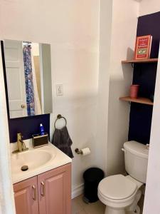 een badkamer met een wastafel, een toilet en een spiegel bij Walk everywhere! Stylish apartment for up to 5 in Albany