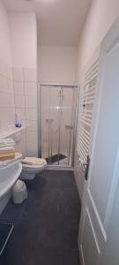 y baño con ducha, aseo y lavamanos. en Ferienhaus Pauls Ferienhaus Pauls, Whg 06, en Norderney
