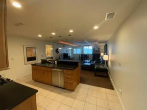 una cucina e un soggiorno con un lavandino e un divano di Beautiful First Floor suite with patio to the Bay a Traverse City