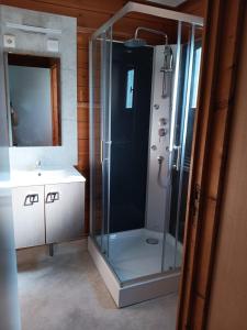 une salle de bain avec une douche en verre et un lavabo dans l'établissement Les Chalets de Moulière, à Vouneuil-sur-Vienne