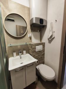 ein Badezimmer mit Waschbecken, Toilette und Spiegel in der Unterkunft My happy place in Poreč + 15 Fotos
