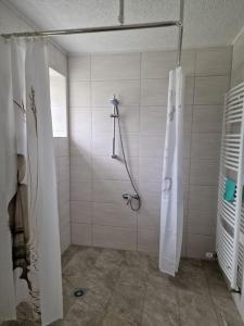 ein Bad mit Dusche und Duschvorhang in der Unterkunft Erholung im Grünen 
