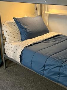 費城的住宿－Cozy Penn King Studio w Kitchen and Free Street Parking!，一张带蓝色棉被和枕头的床