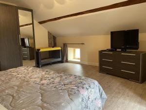 a bedroom with a bed and a flat screen tv at GITE TREFFLE A 4 FEUILLES in Le Mayet-de-Montagne