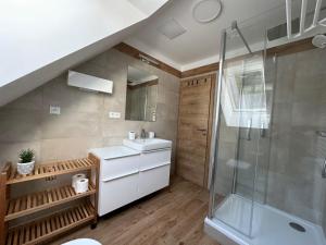 La salle de bains est pourvue d'un lavabo et d'une douche. dans l'établissement Apartment Chalupa 13ka - Horní apartmán by Interhome, à Smržovka