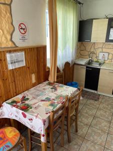a kitchen with a table and chairs and a kitchen with a table and a counter at ORSI Eco apartman Kecskemét in Kecskemét