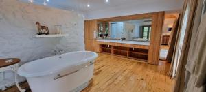 a bathroom with a white tub and a mirror at Big Sky Ranch in Colesberg