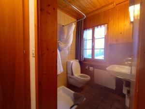 uma casa de banho com um WC e um lavatório em Chambre double Doppelzimmer Camping Jaunpass em Boltigen