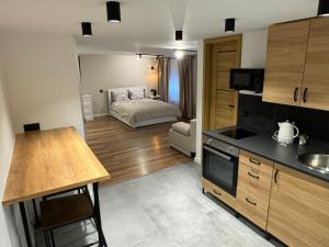 Habitación con cocina y dormitorio con cama. en Gray Apartment 24h - Parking, en Katowice
