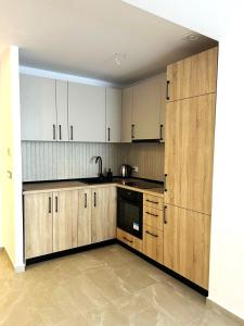 uma cozinha com armários de madeira, um lavatório e um fogão em YamaLuxe Apartments - Silent & Warm With Many Facilities em Bucareste