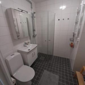 a white bathroom with a toilet and a sink at Nära Friends Arena in Stockholm