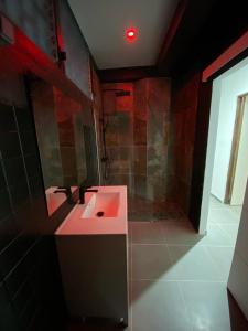 ein Badezimmer mit einem rosa Waschbecken und einer Dusche in der Unterkunft Passion in Schœlcher