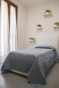 Bett in einem weißen Zimmer mit zwei Topfpflanzen in der Unterkunft Madonnina Tuscany House in Montefollonico