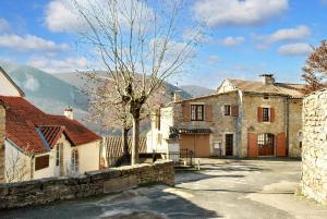 una vieja casa de piedra con un árbol en el patio en Maison de 2 chambres a Mostuejouls, en Mostuéjouls