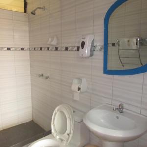 een badkamer met een toilet, een wastafel en een spiegel bij Gran Hostal Los Pinos in Cajamarca