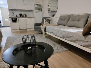 a living room with a couch and a table at Rauhallinen studio isolla parvekkeella in Joensuu