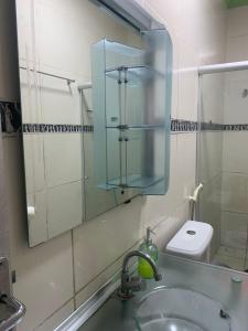 ein Badezimmer mit einem Waschbecken, einem Spiegel und einem WC in der Unterkunft Quarto privativo Caruaru fácil acesso para o pátio de eventos e feira da sulanca in Caruaru