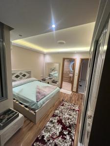 - une chambre avec un grand lit et un miroir dans l'établissement المنيل, au Caire