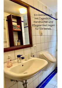 y baño con lavabo y espejo. en Eine gemütliche Ferienwohnung mit Garten, en Bad Karlshafen